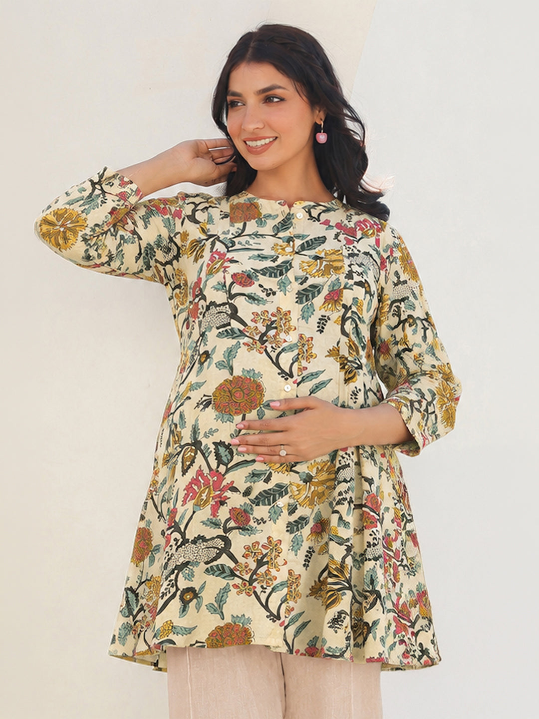 Janasya Women's Maternity Beige Pure Cotton Floral Printed A-Line Tunic