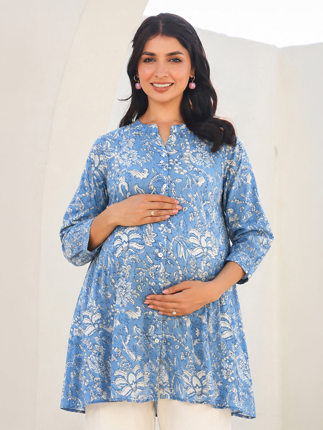 Janasya Women's Maternity Sky Blue Pure Cotton Floral Printed A-Line Tunic