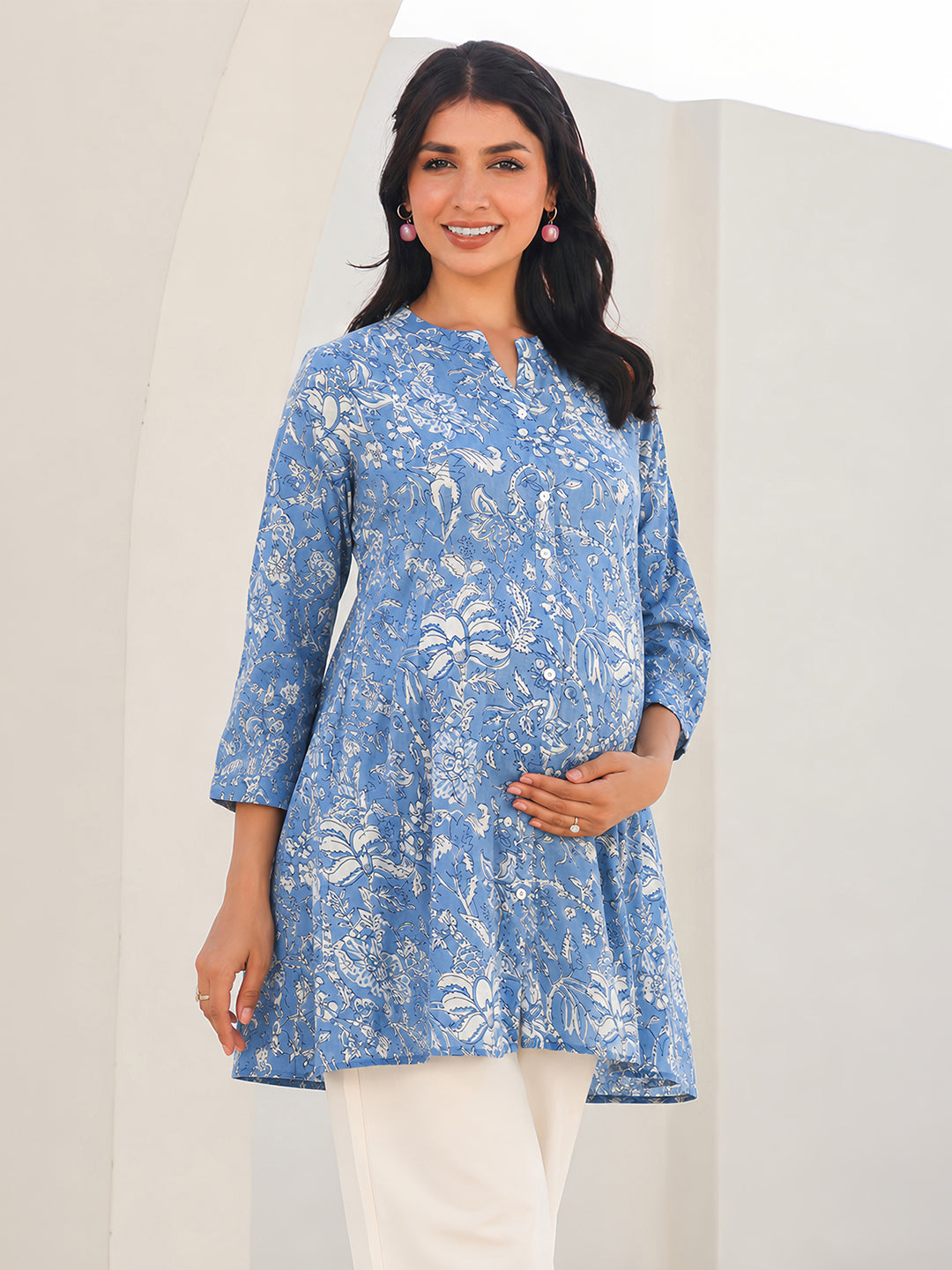 Janasya Women's Maternity Sky Blue Pure Cotton Floral Printed A-Line Tunic