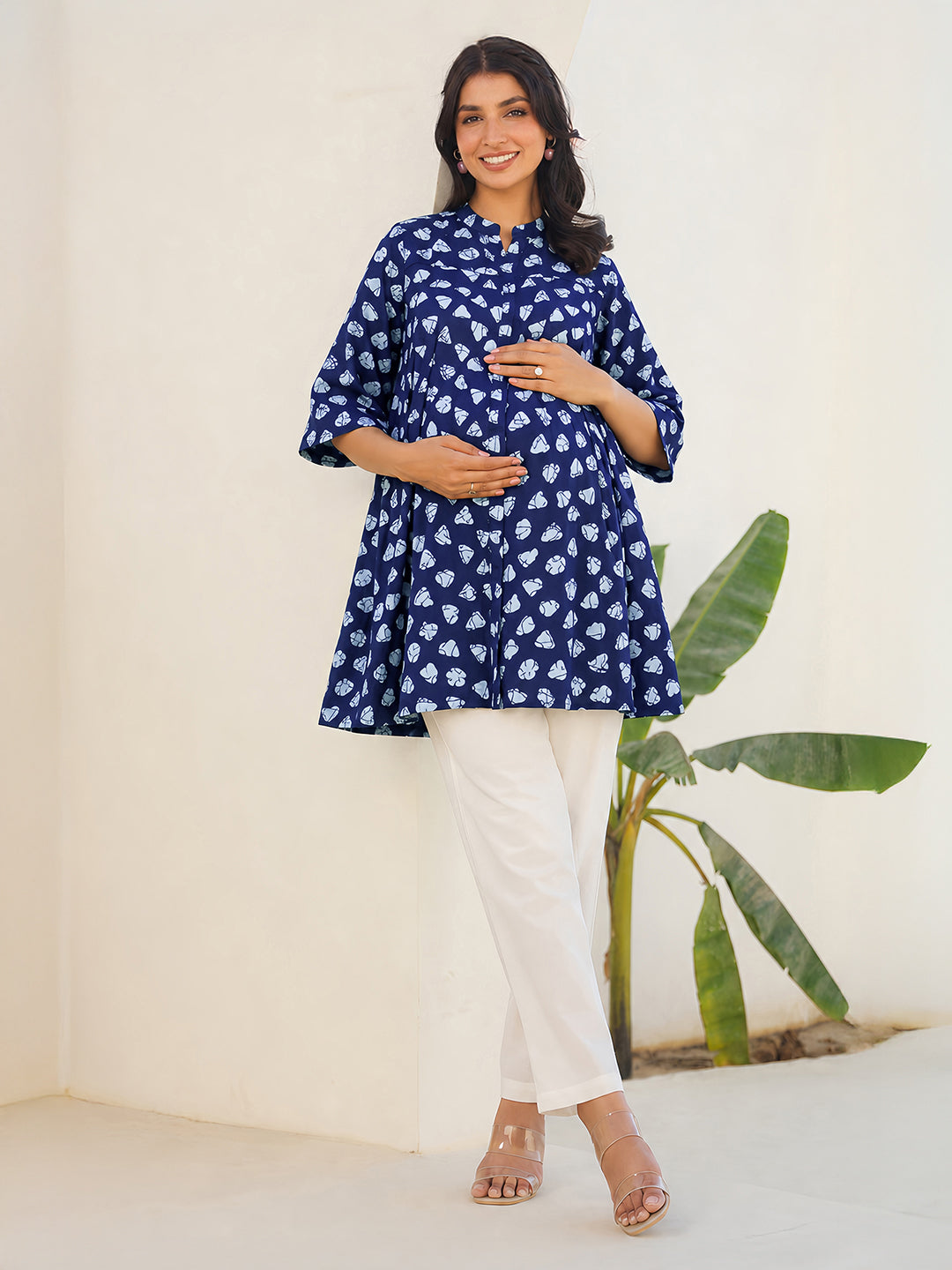 Janasya Women's Maternity Blue Pure Cotton Printed A-Line Tunic