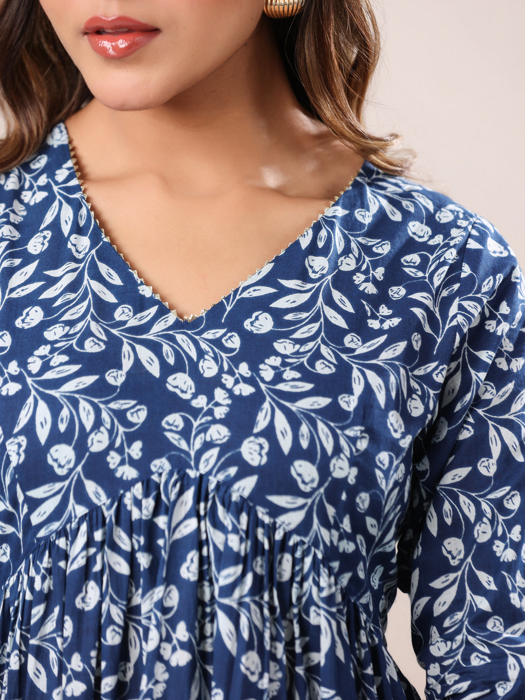 Blue Pure Cotton Floral Printed A-line Kurta