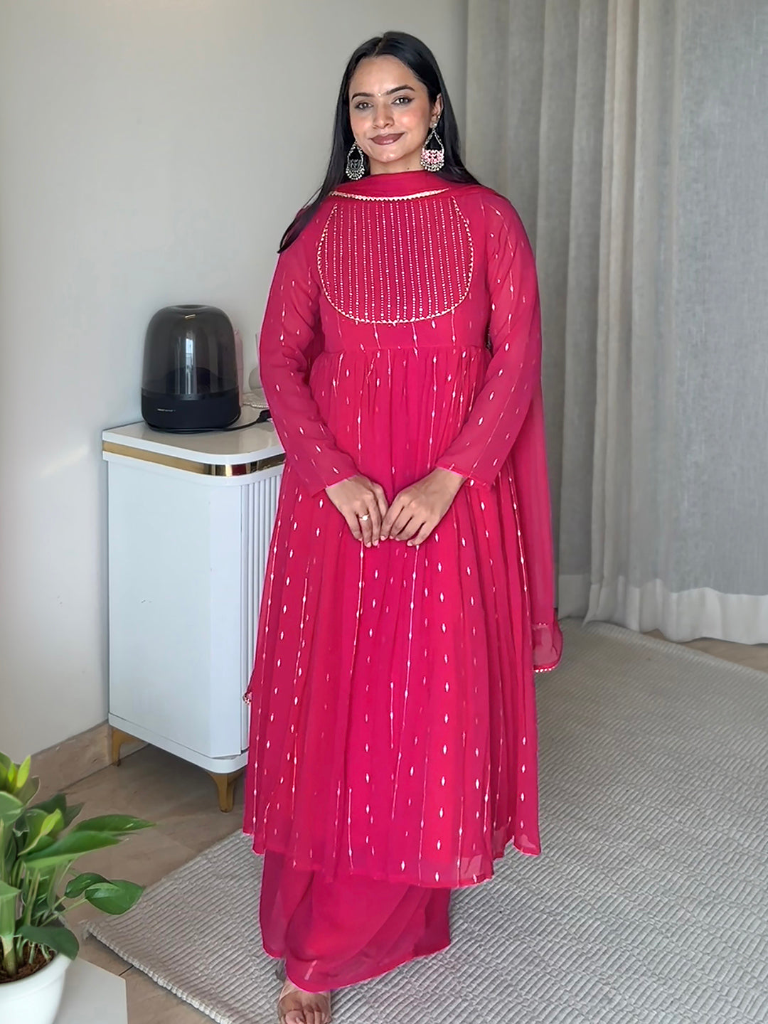 Pink Georgette Foil Printed Anarkali Kurta Set