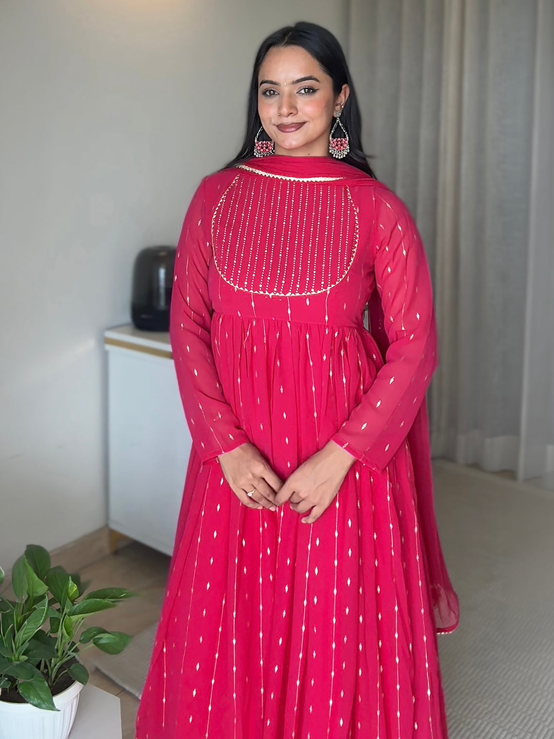 Pink Georgette Foil Printed Anarkali Kurta Set