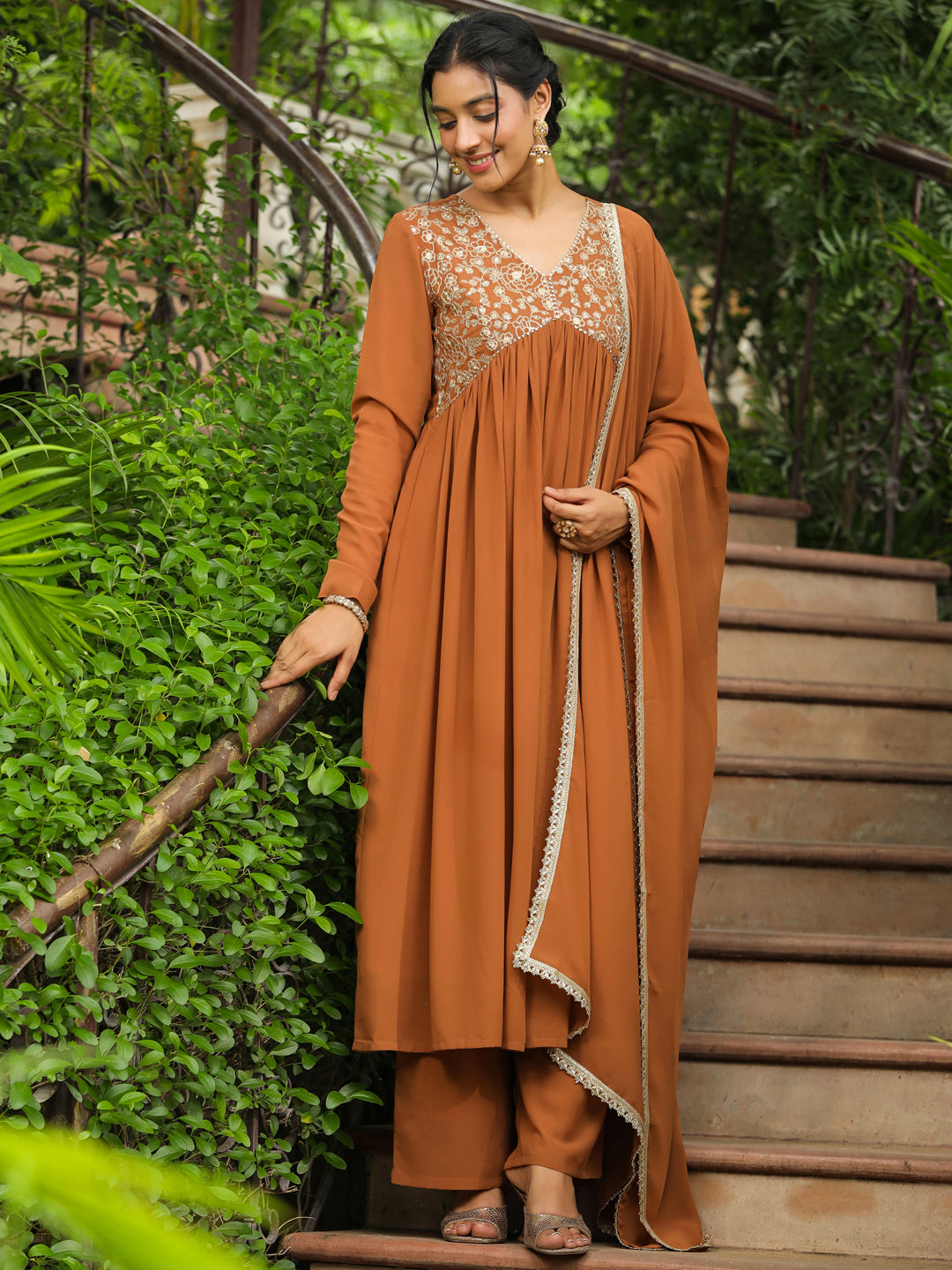 Janasya Women's Brown Georgette Yoke Embroidered A-Line Kurta Set