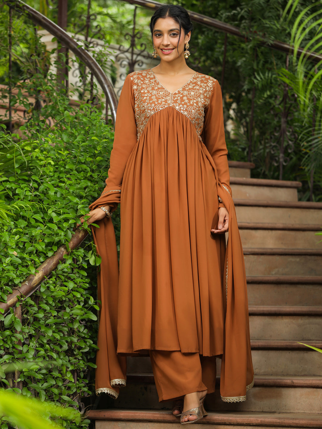 Janasya Women's Brown Georgette Yoke Embroidered A-Line Kurta Set