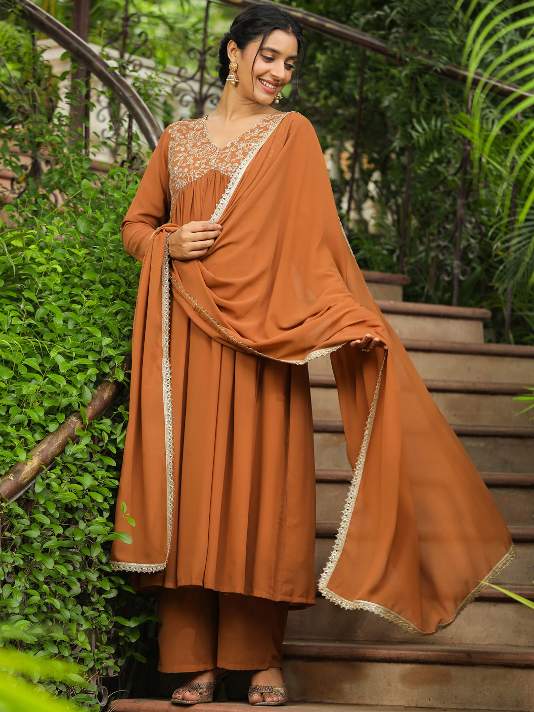 Janasya Women's Brown Georgette Yoke Embroidered A-Line Kurta Set