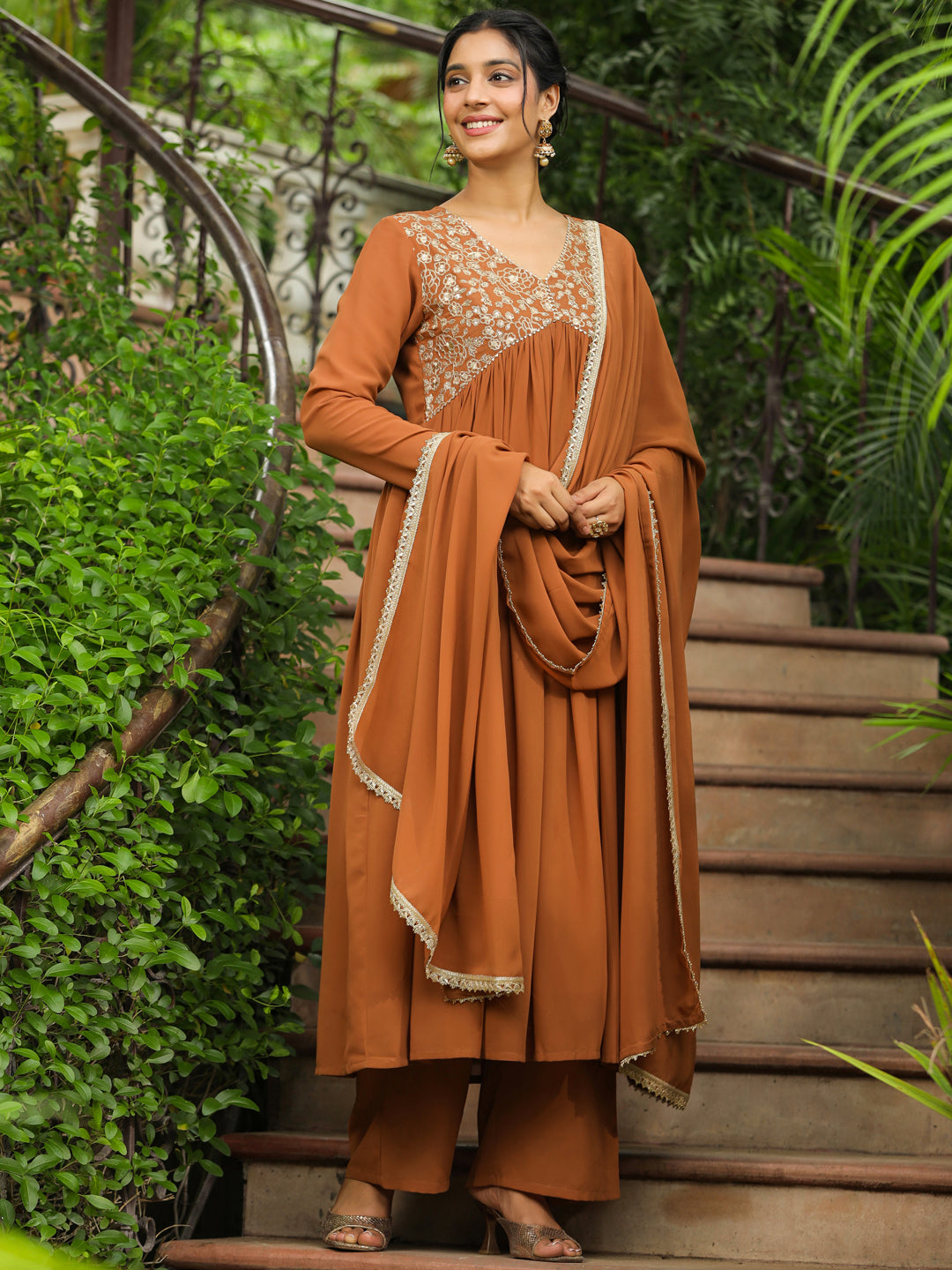 Janasya Women's Brown Georgette Yoke Embroidered A-Line Kurta Set