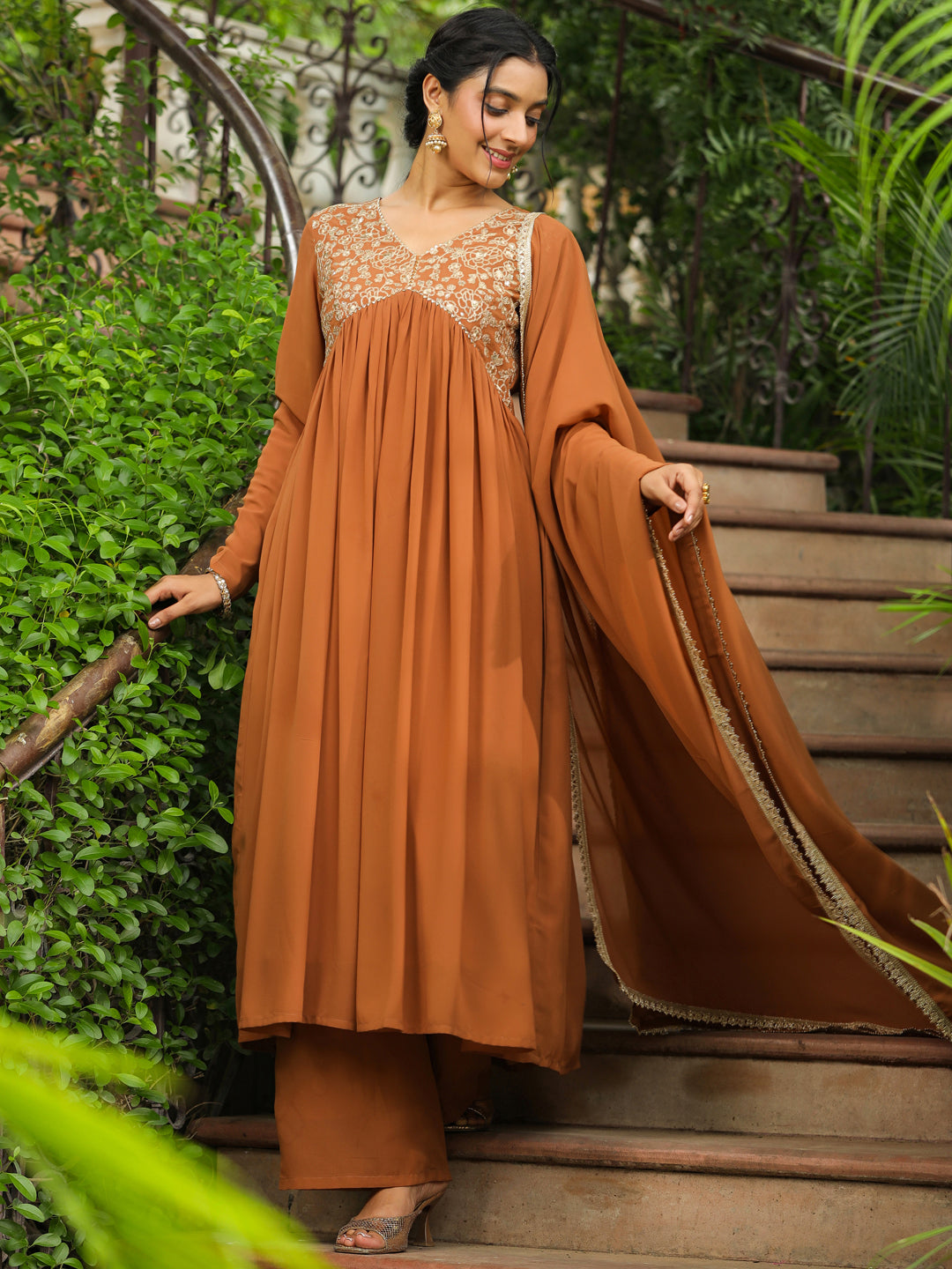 Janasya Women's Brown Georgette Yoke Embroidered A-Line Kurta Set