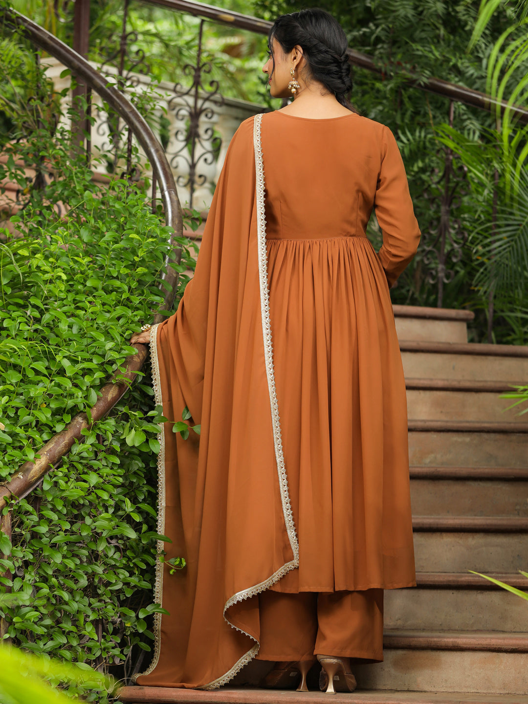 Janasya Women's Brown Georgette Yoke Embroidered A-Line Kurta Set