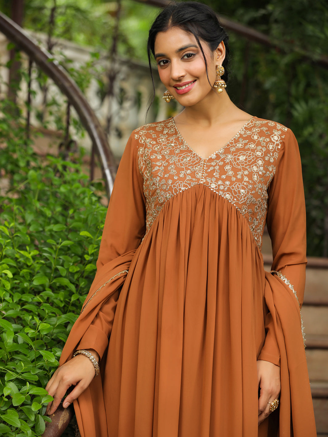 Janasya Women's Brown Georgette Yoke Embroidered A-Line Kurta Set