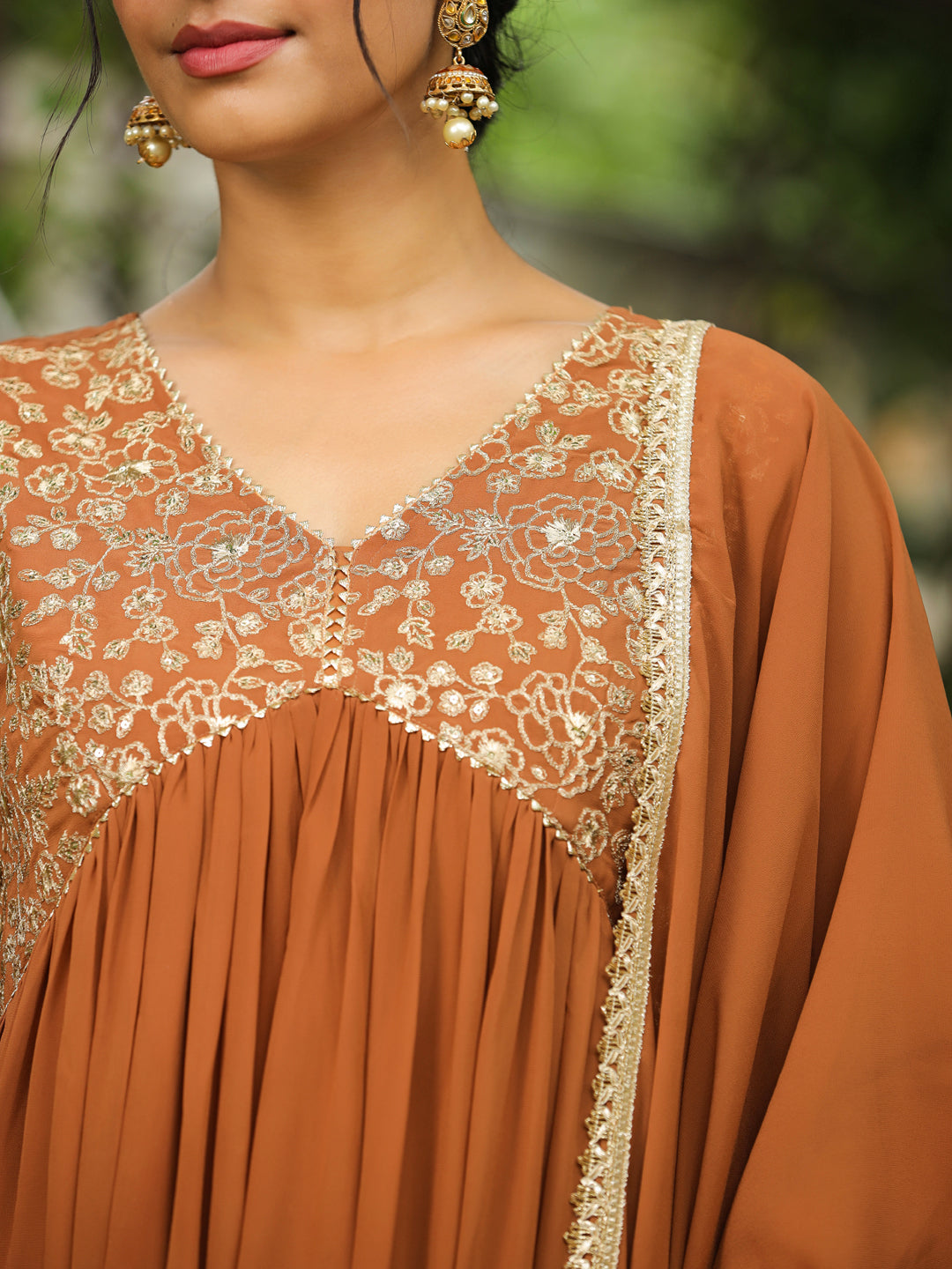 Janasya Women's Brown Georgette Yoke Embroidered A-Line Kurta Set