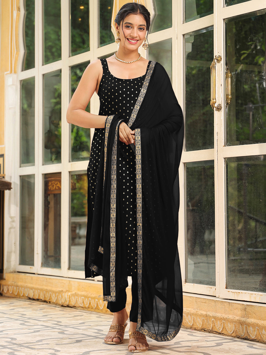 Black Rayon Foil Printed Straight Kurta Set