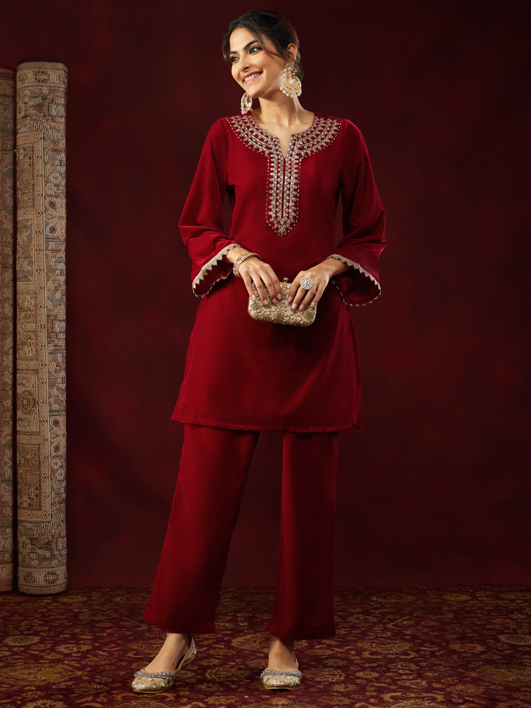 Janasya Women's Maroon Velvet Zari Yoke Embroidered Straight Co-ord Set