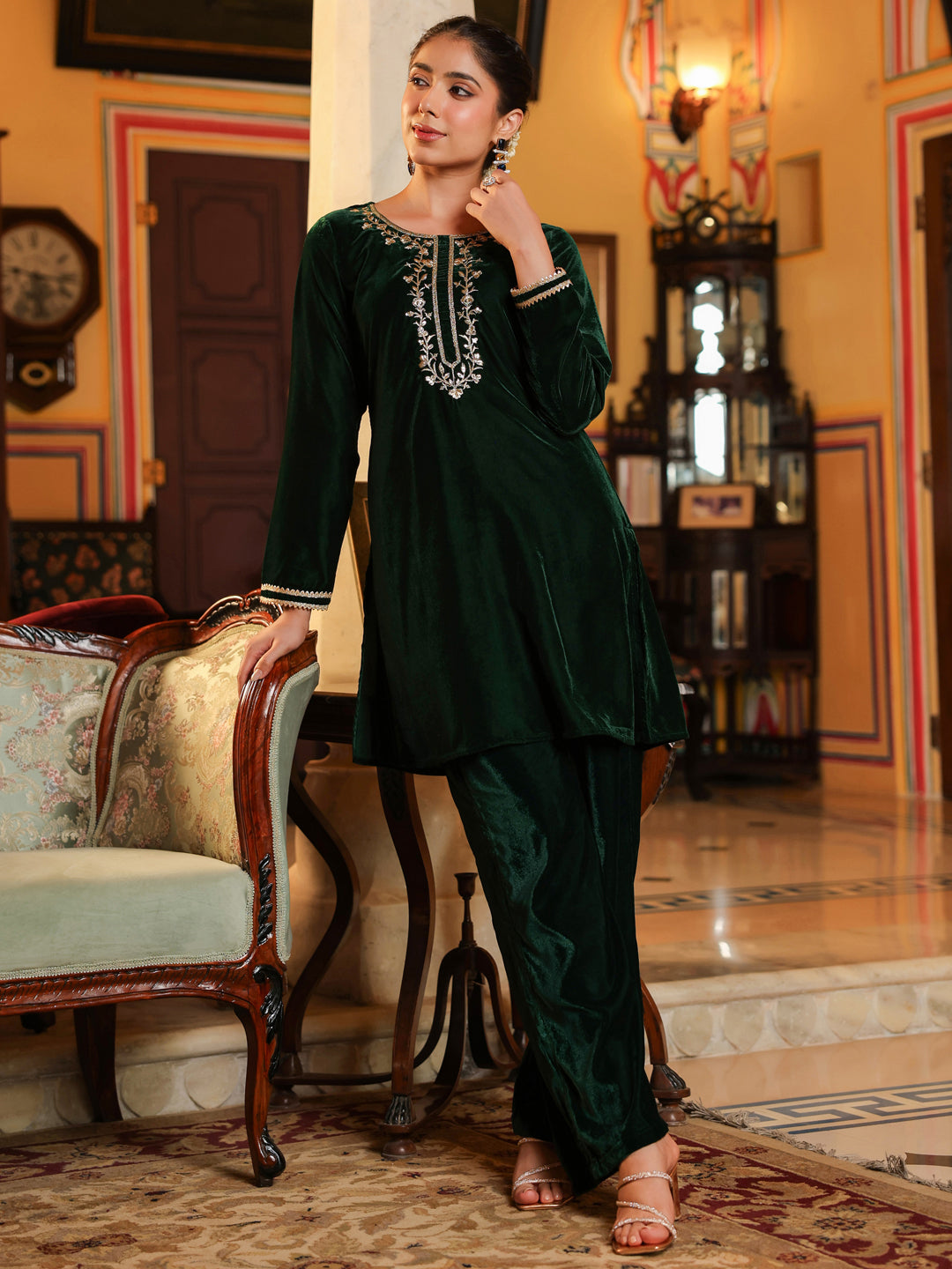 Janasya Women's Bottle Green Velvet Yoke Embroidered Straight Co-ord Set