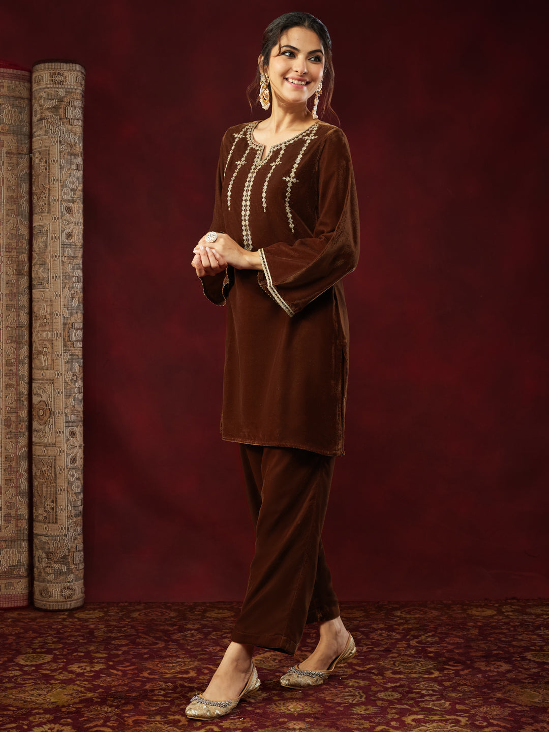 Janasya Women's Brown Velvet Zari Embroidered Straight Co-ord Set