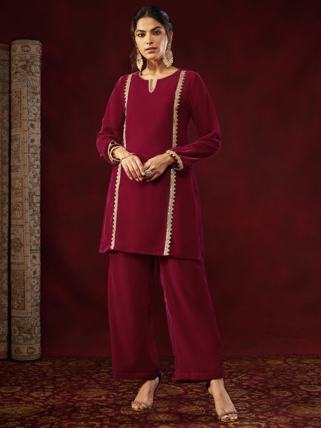 Janasya Women's Pink Velvet Embellished Straight Co-ord Set