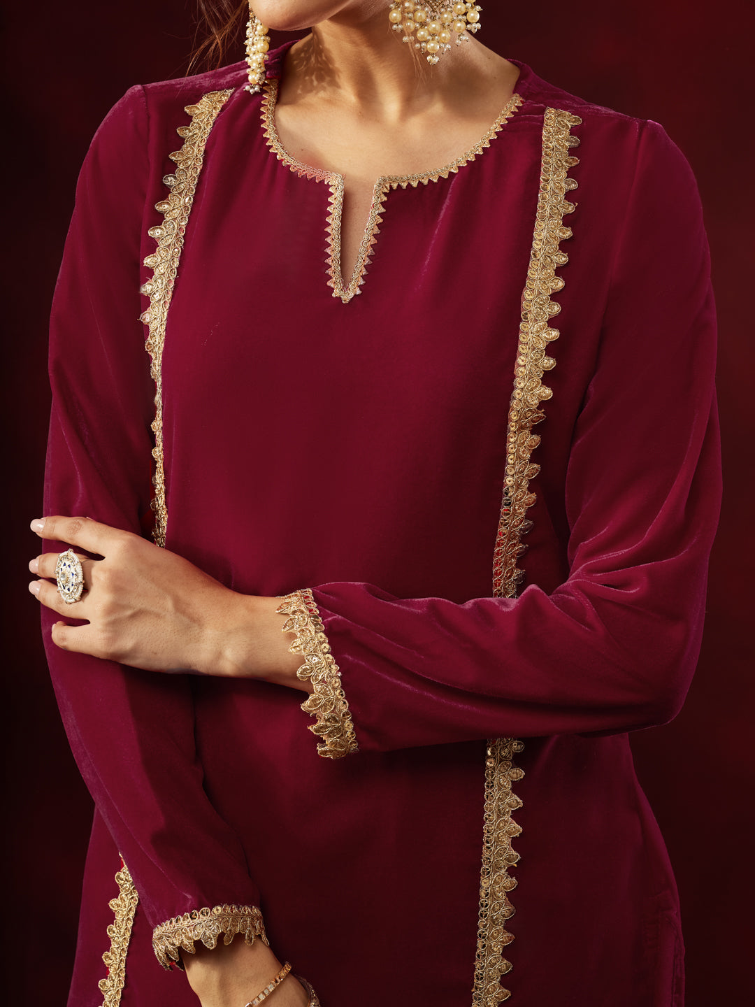 Janasya Women's Pink Velvet Embellished Straight Co-ord Set