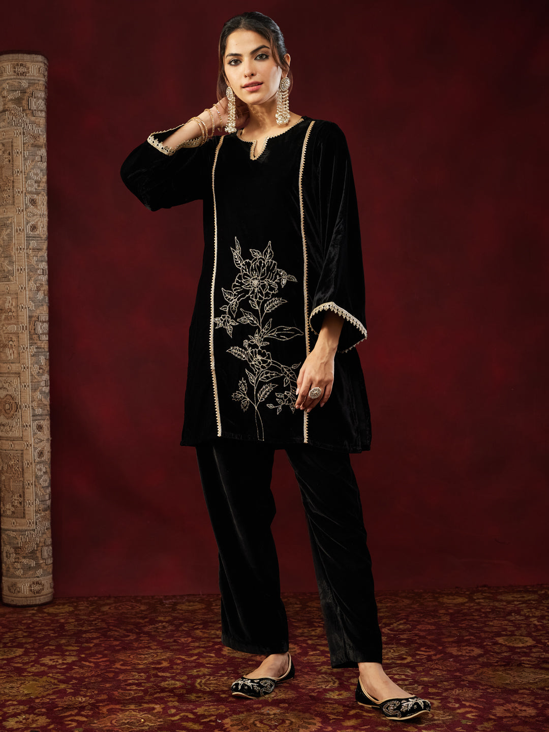 Janasya Women's Black Velvet Embroidered Straight Co-ord Set