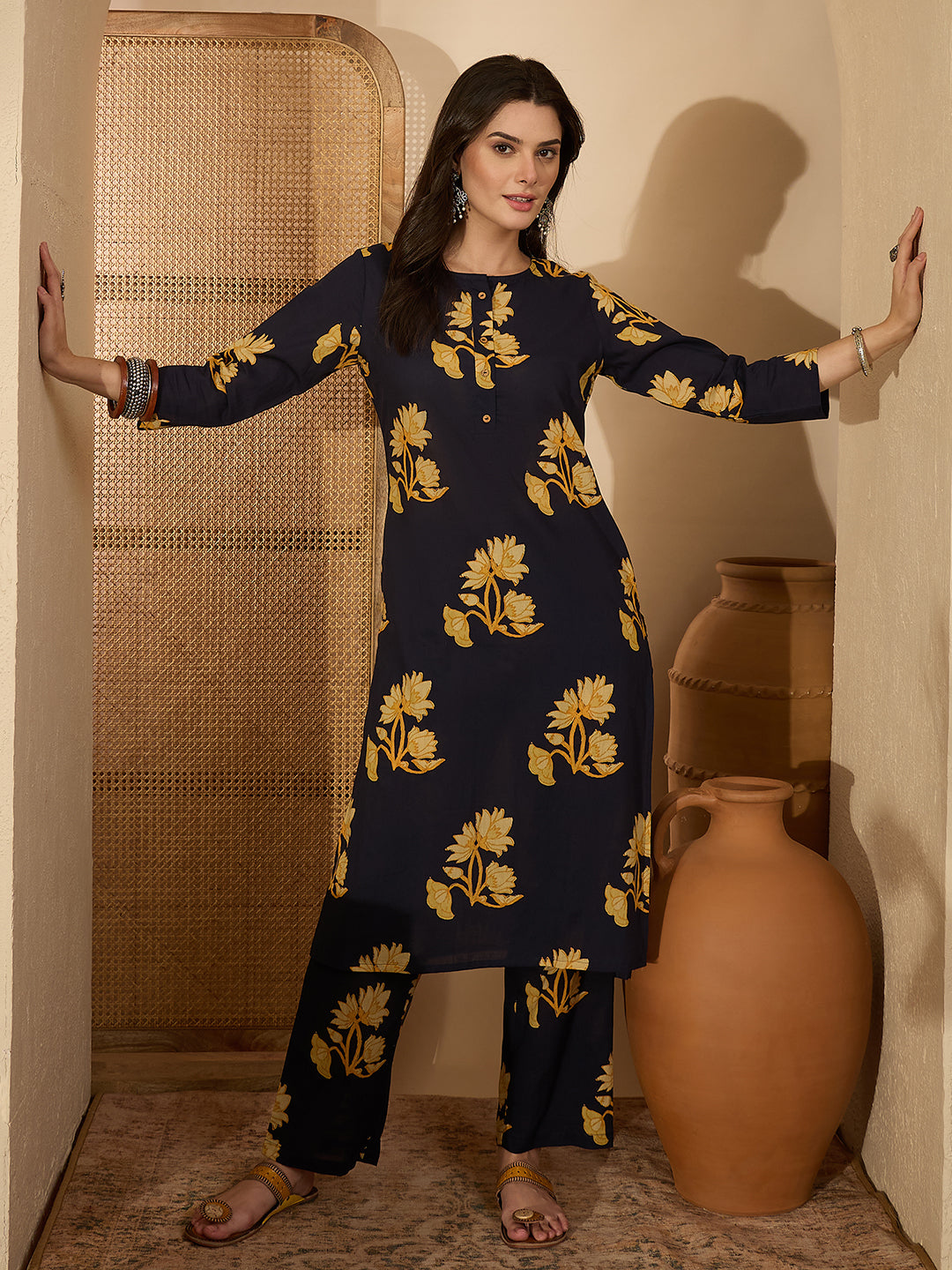 Janasya Women's Navy Blue Pure Cotton Floral Printed Straight Co-ord Set