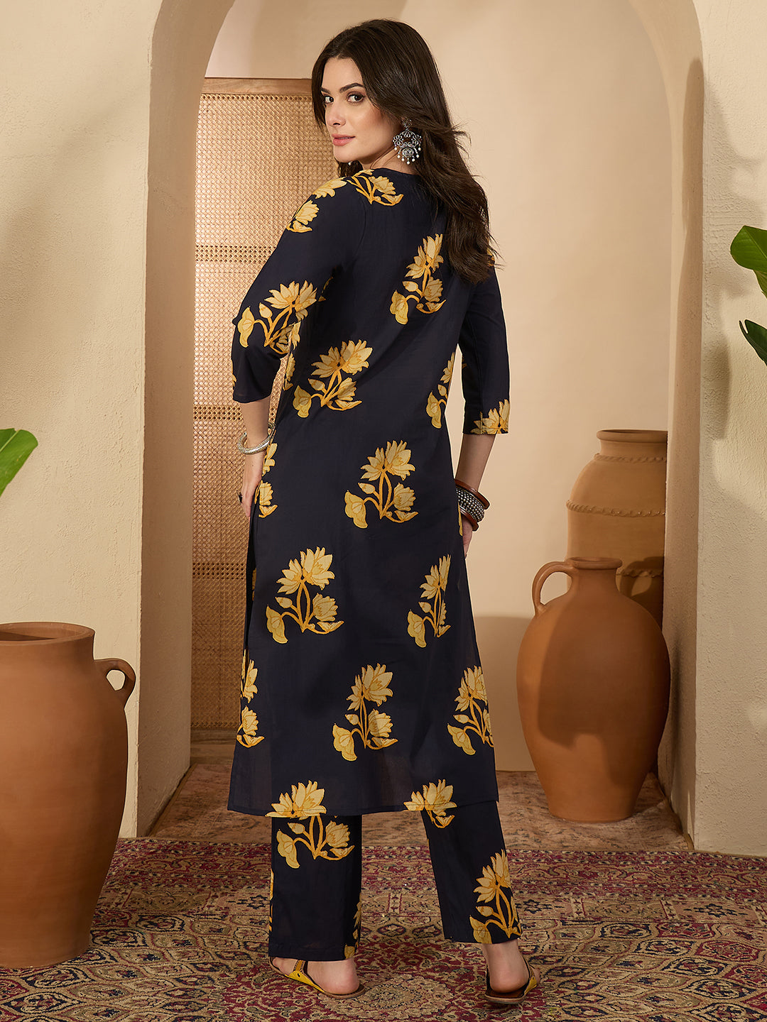 Janasya Women's Navy Blue Pure Cotton Floral Printed Straight Co-ord Set