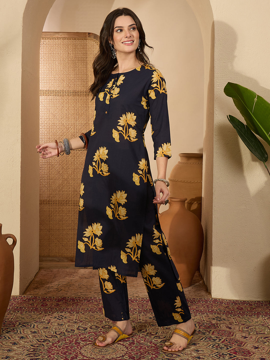 Janasya Women's Navy Blue Pure Cotton Floral Printed Straight Co-ord Set