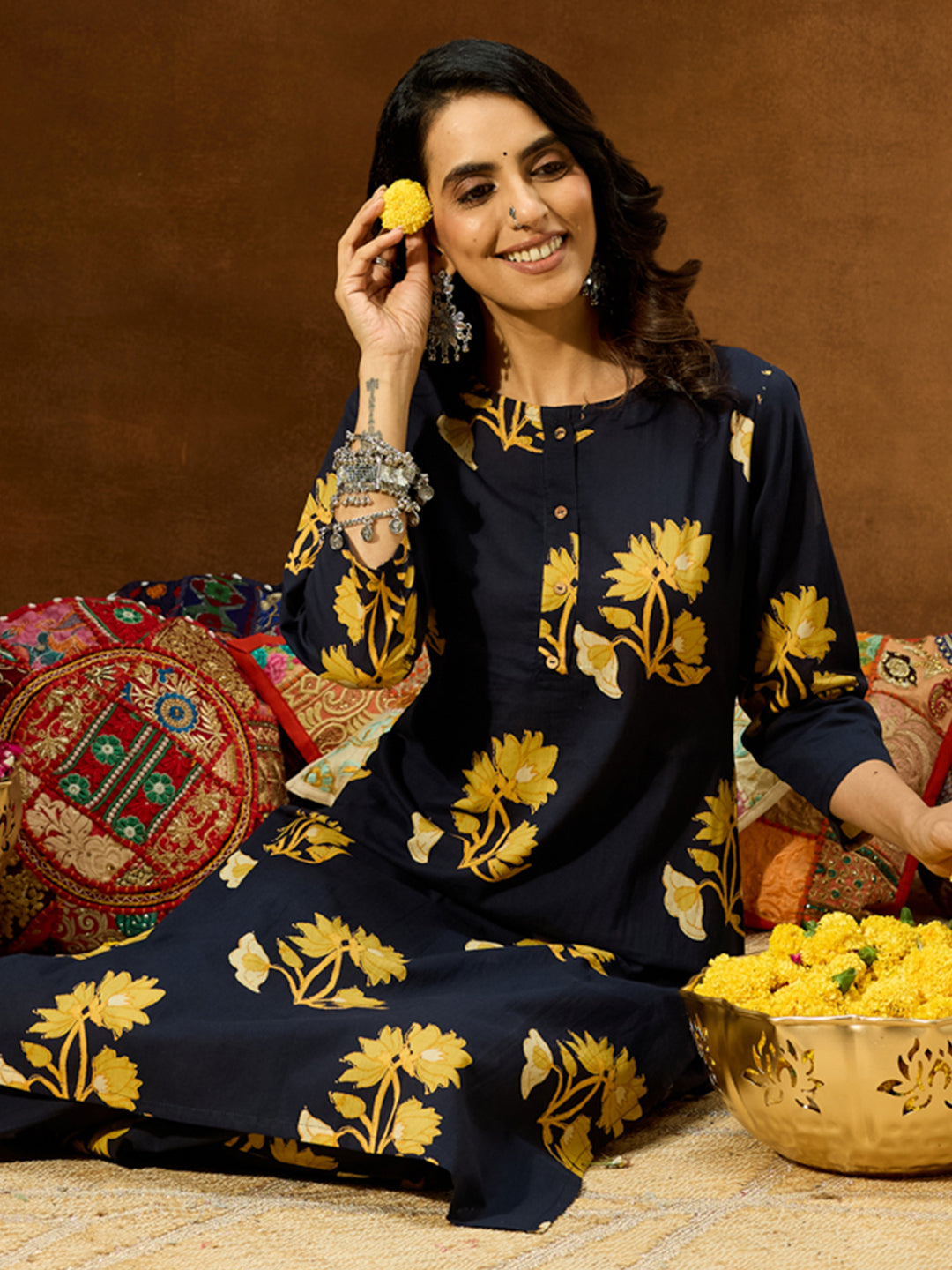 Janasya Women's Navy Blue Pure Cotton Floral Printed Straight Co-ord Set