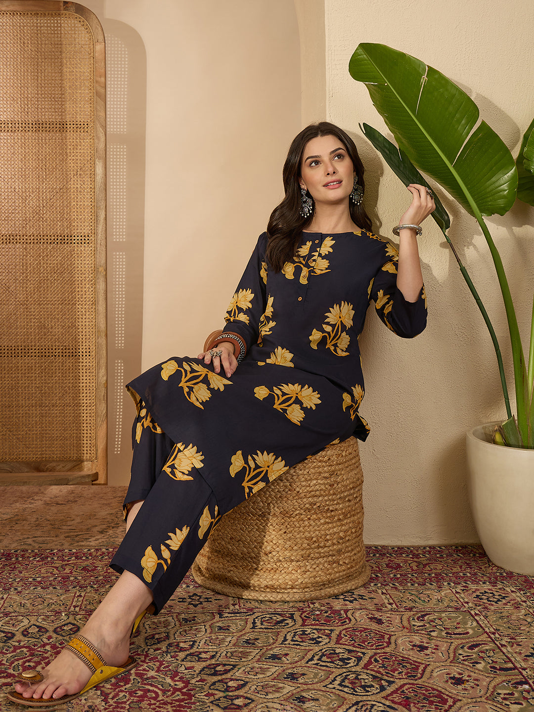 Janasya Women's Navy Blue Pure Cotton Floral Printed Straight Co-ord Set