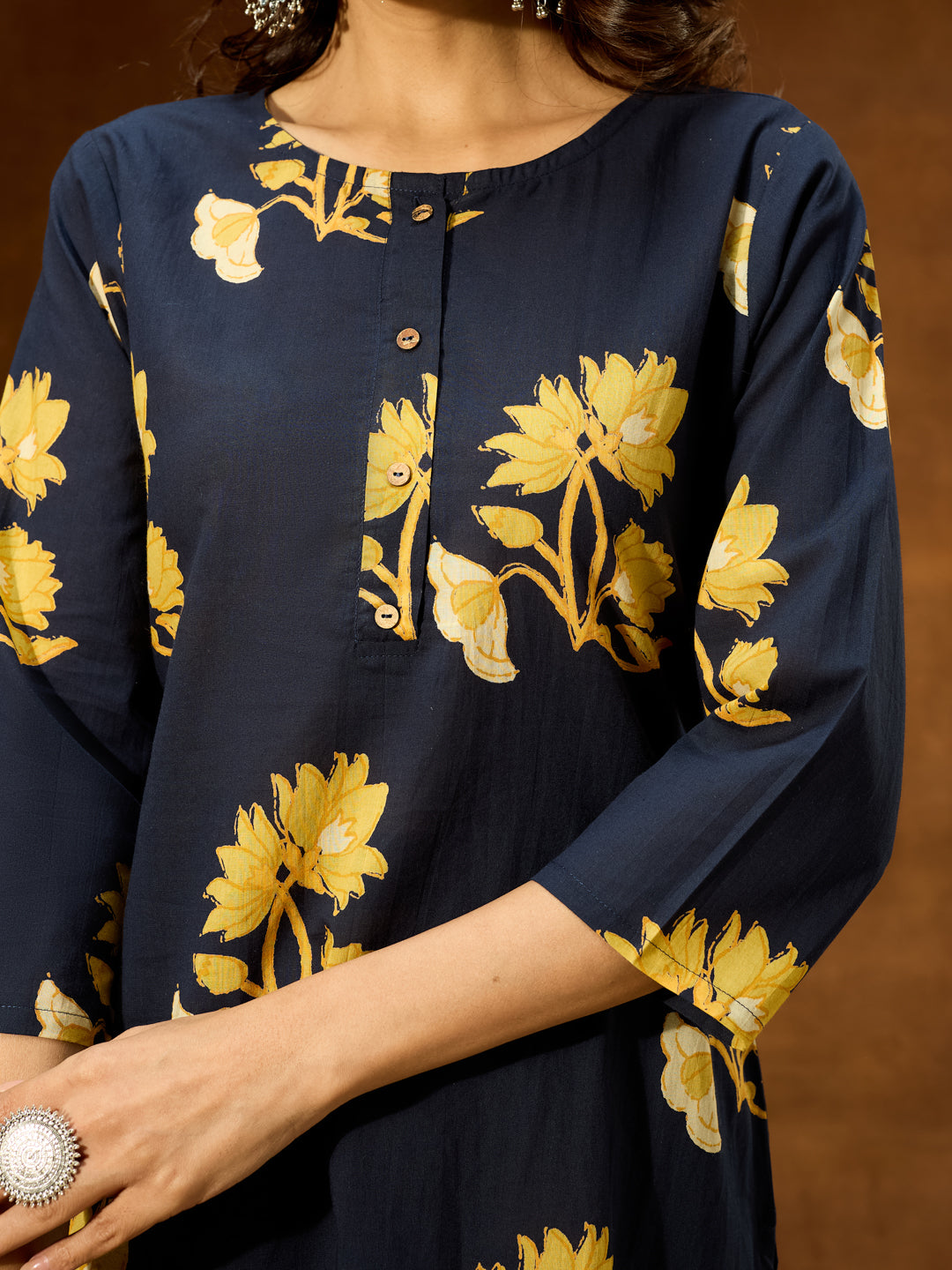 Janasya Women's Navy Blue Pure Cotton Floral Printed Straight Co-ord Set