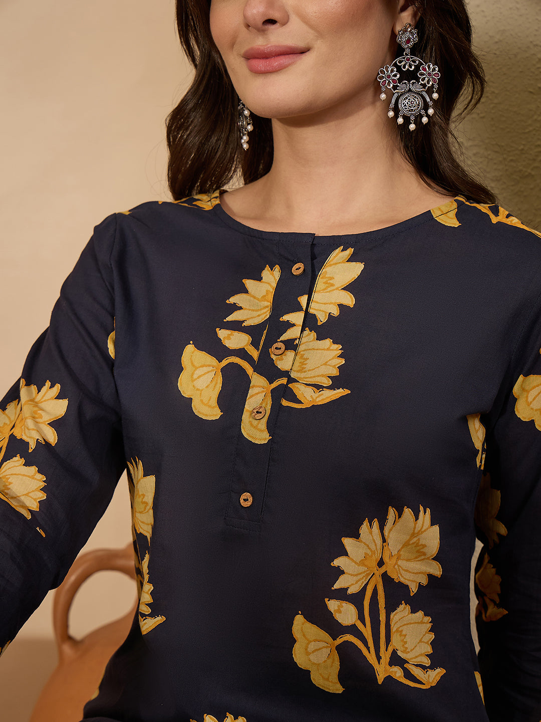 Janasya Women's Navy Blue Pure Cotton Floral Printed Straight Co-ord Set