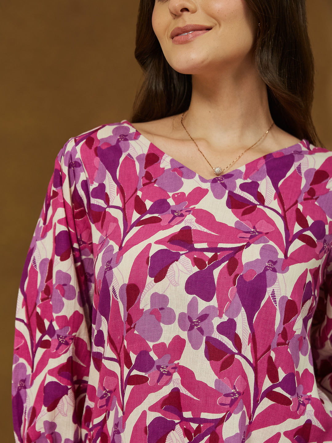 Janasya Women's Purple Linen Cotton Floral Printed A-line Dress