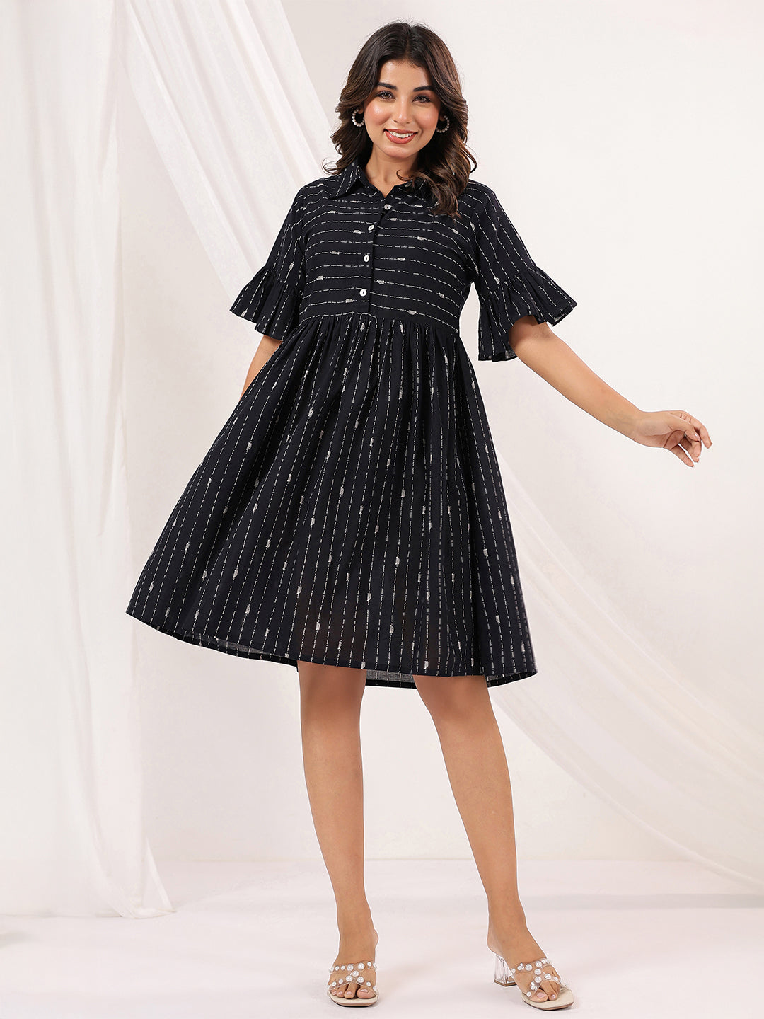 Janasya Women's Black Cotton Abstract Printed A line Dress