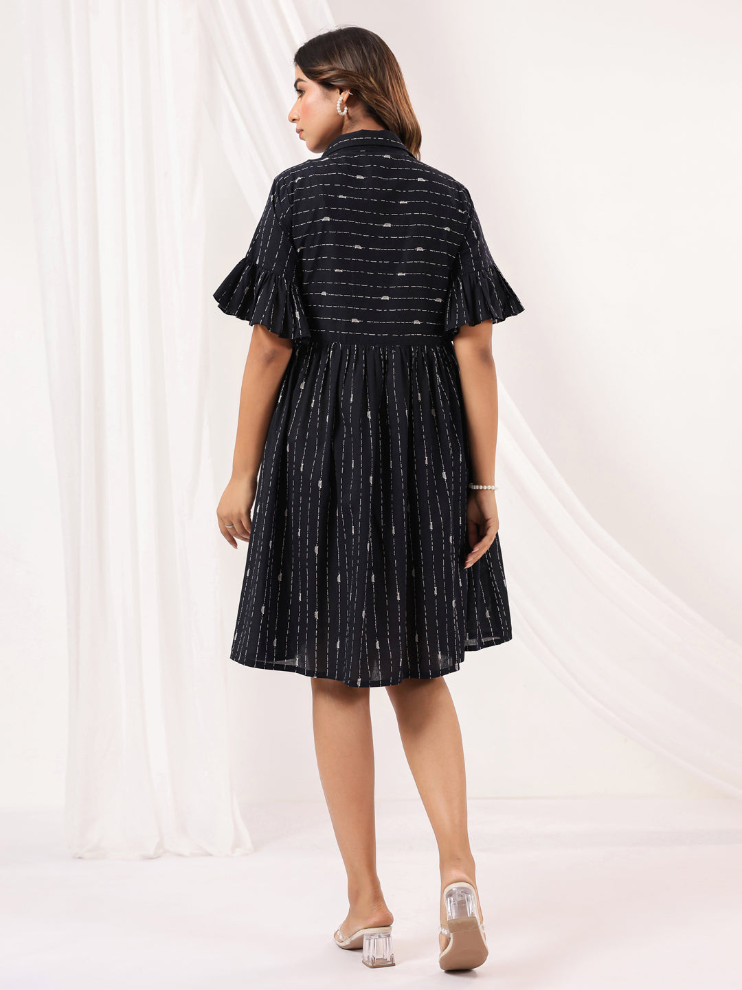 Janasya Women's Black Cotton Abstract Printed A line Dress