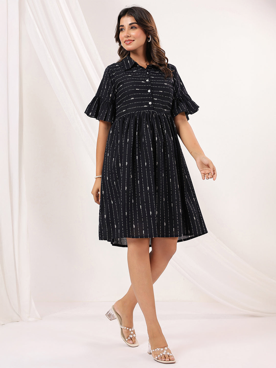 Janasya Women's Black Cotton Abstract Printed A line Dress