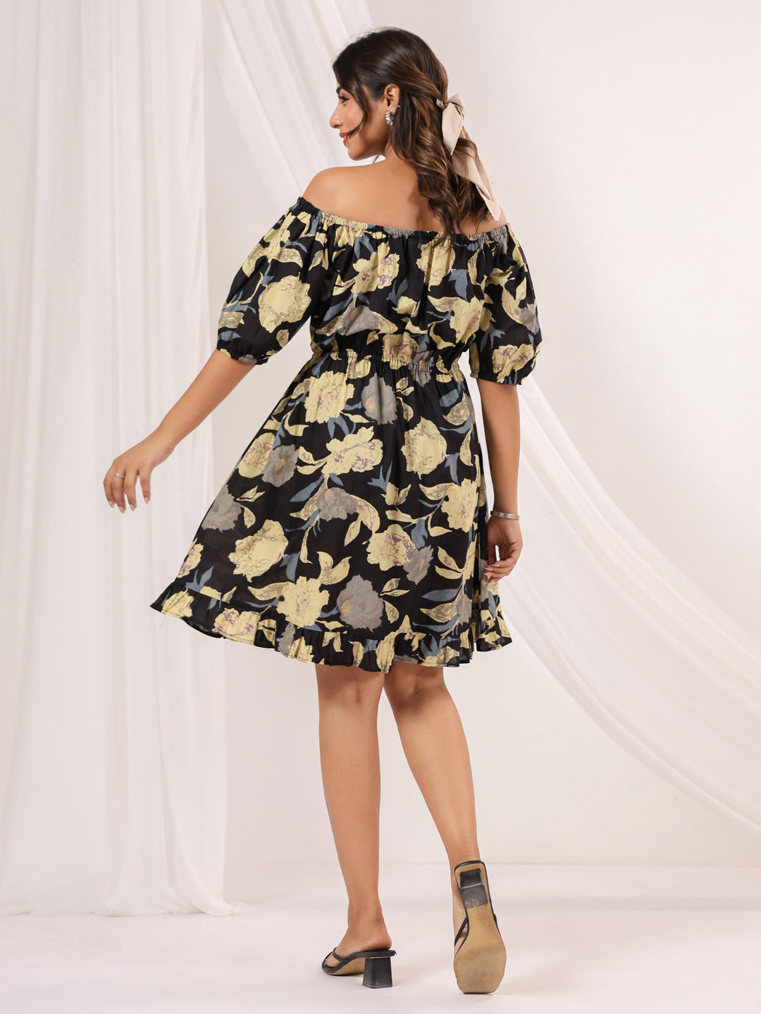 Janasya Women's Black Pure Cotton Floral Printed A line Dress