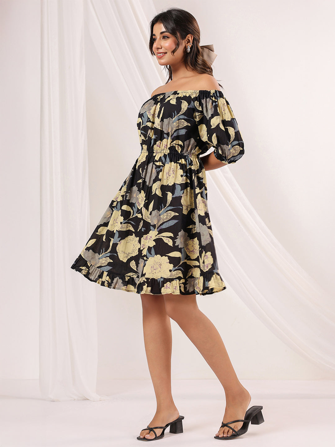 Janasya Women's Black Pure Cotton Floral Printed A line Dress