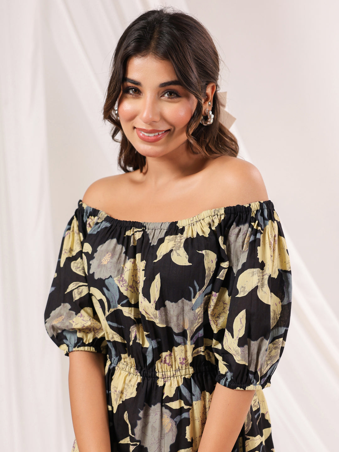 Janasya Women's Black Pure Cotton Floral Printed A line Dress