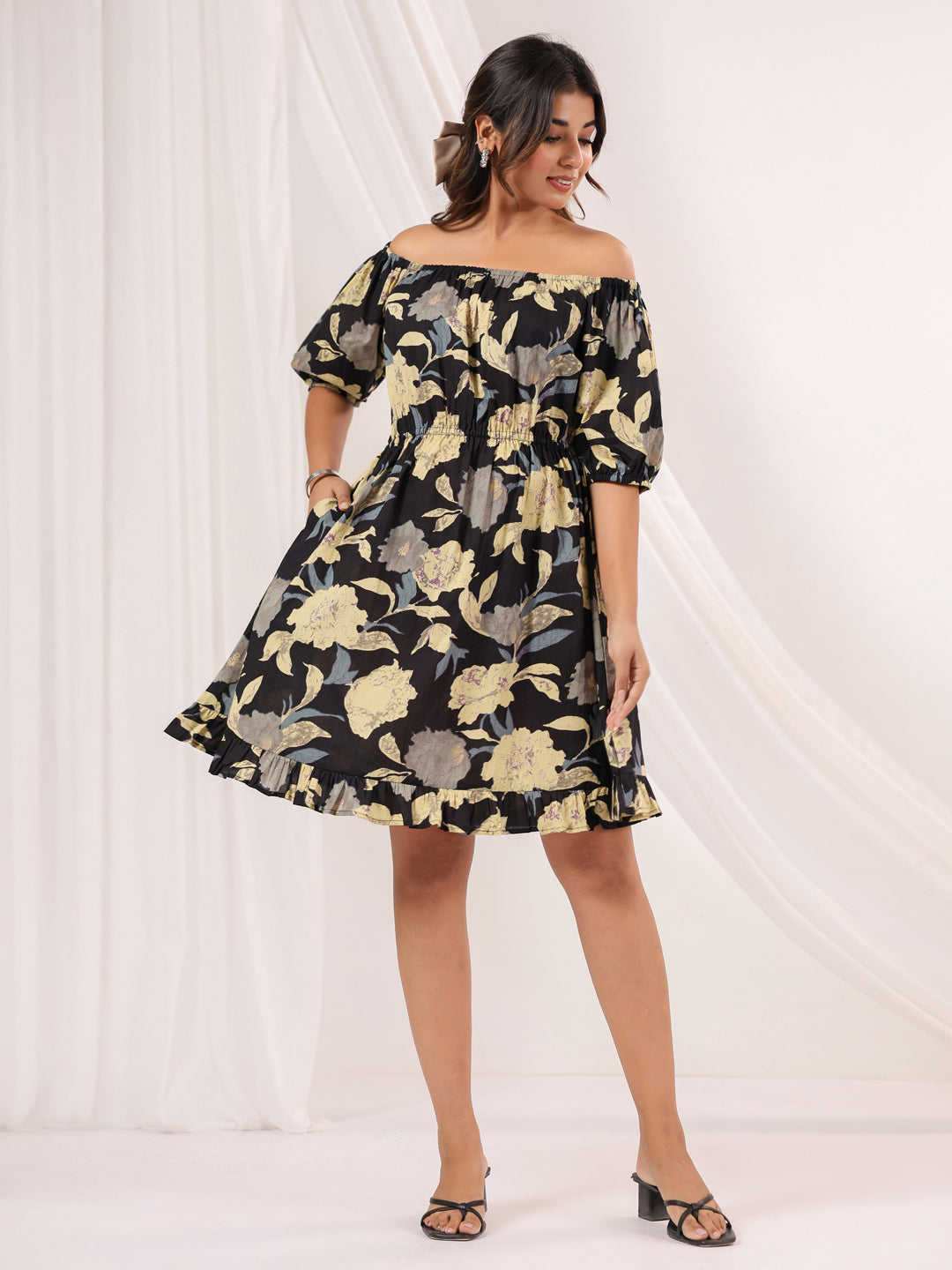 Janasya Women's Black Pure Cotton Floral Printed A line Dress