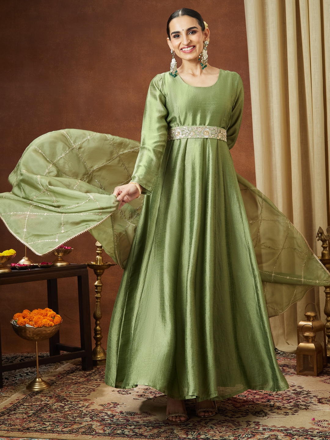 Janasya Women's Sage Green Silk Blend Flared Gown With Embellished Belt
