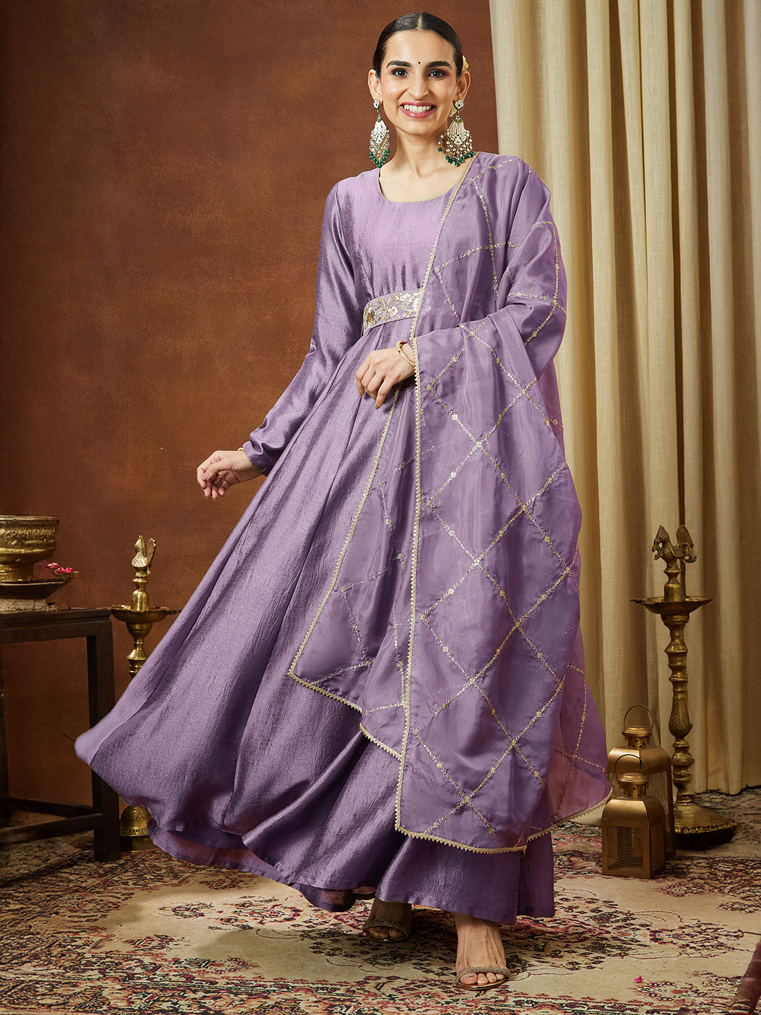Janasya Women's Lavender Silk Blend Flared Gown With Embellished Belt