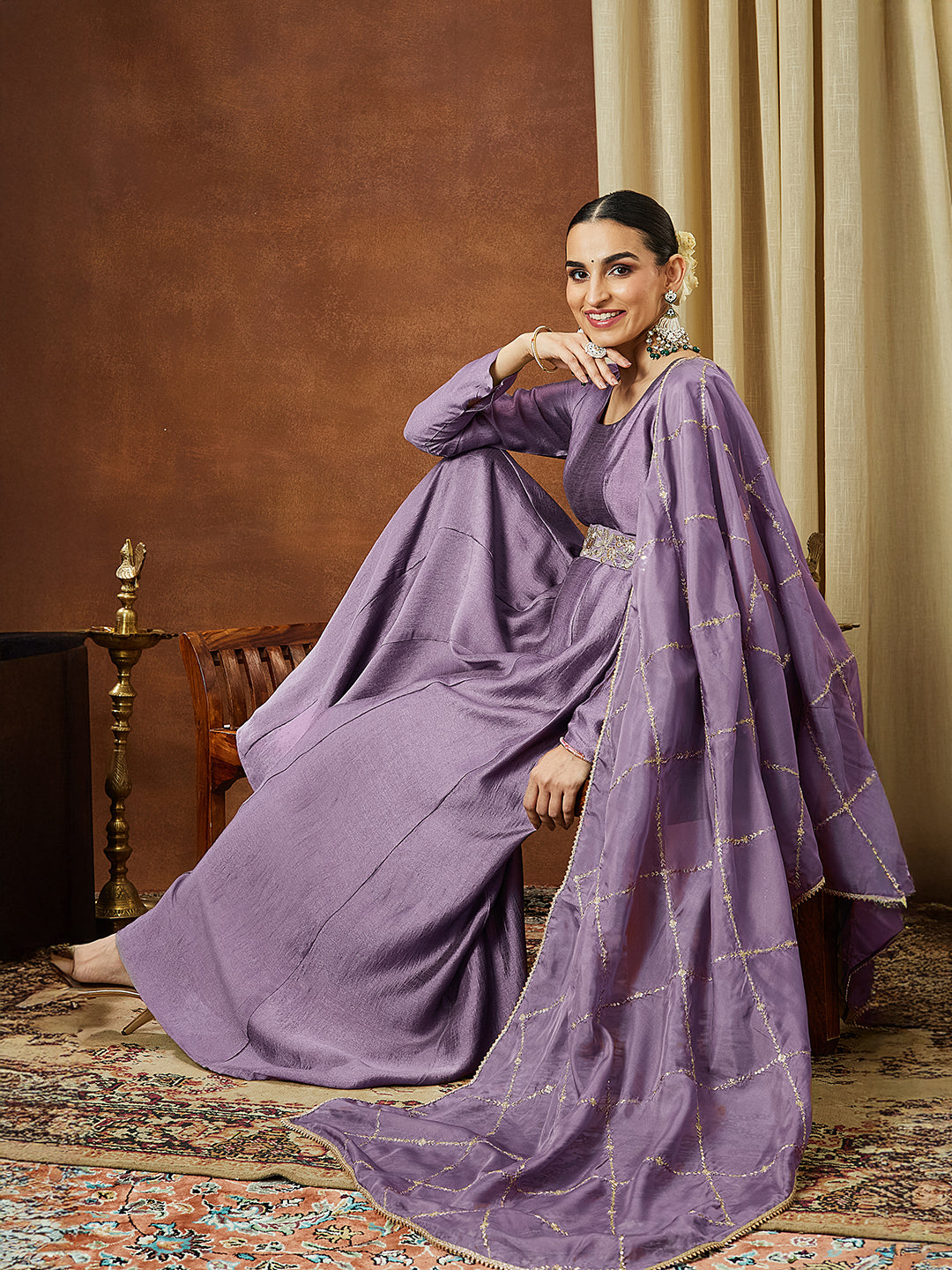 Janasya Women's Lavender Silk Blend Flared Gown With Embellished Belt