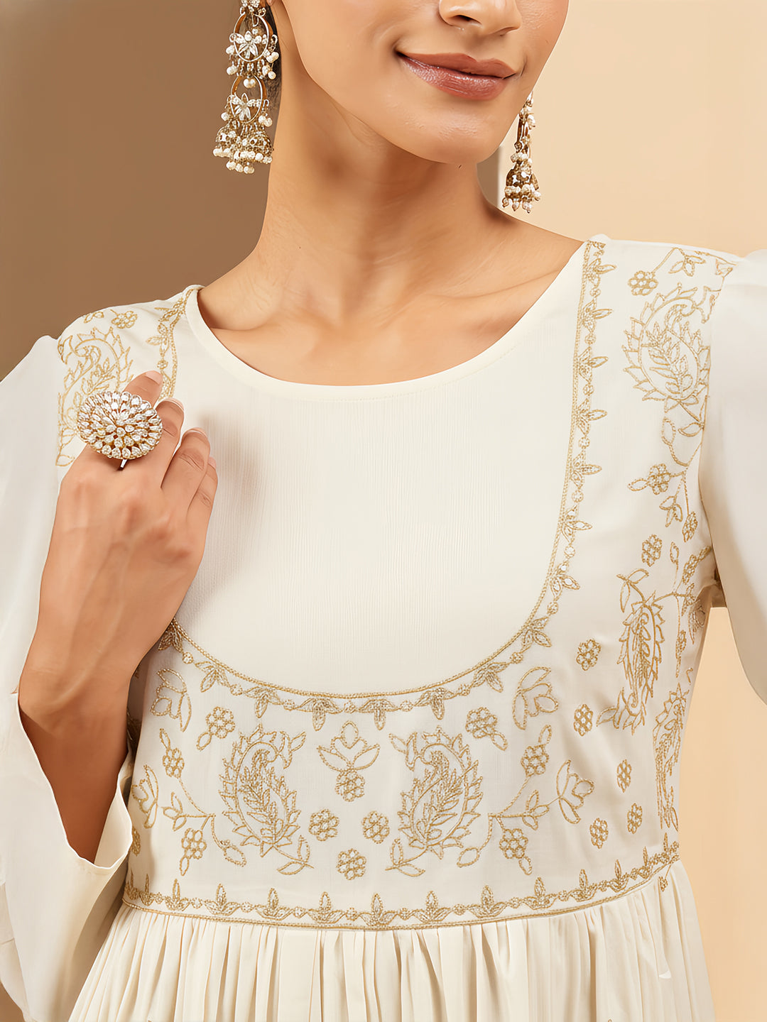 Janasya Women's Off White Soft Pure Cotton Zari Embroidered Anarkali Gathered Gown