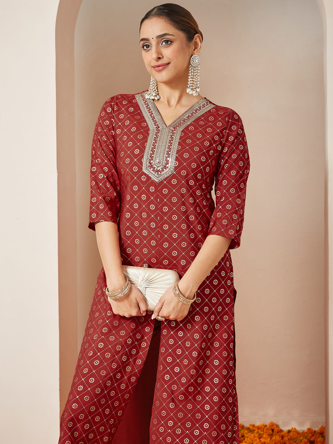 Janasya Women's Maroon Chanderi Silk Embellished Gold Printed Front Slit Kurta Pant Set