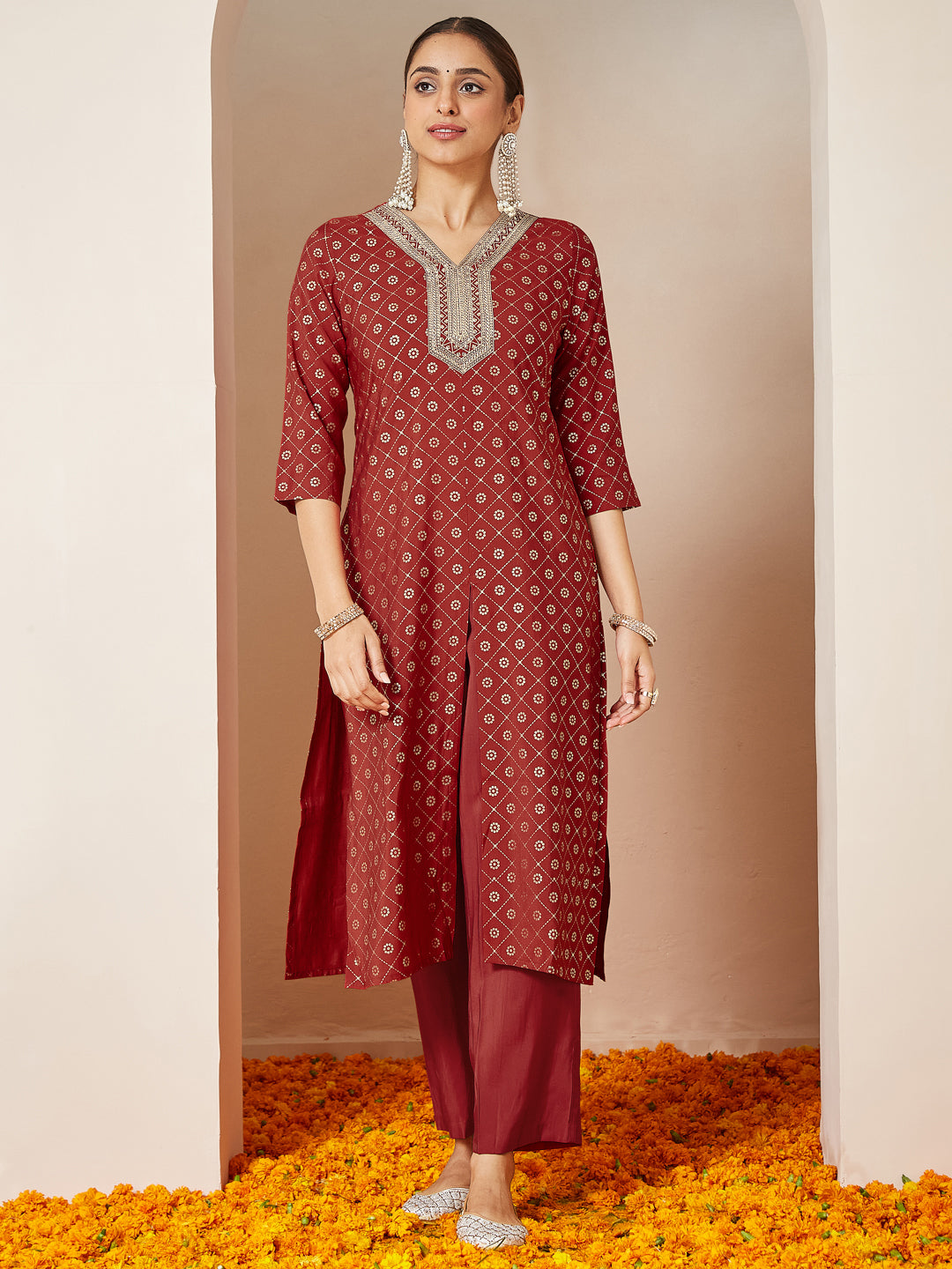 Janasya Women's Maroon Chanderi Silk Embellished Gold Printed Front Slit Kurta Pant Set