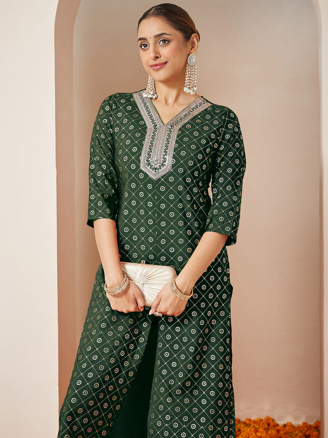 Janasya Women's Dark Green Silk Blend Yoke Embroidered Straight Front-slit Kurta Pant Set