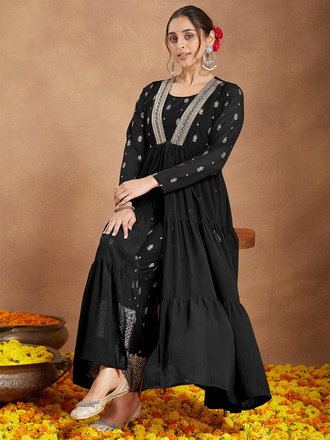 Janasya Women's Black Georgette Embellished Foil Printed Front-open Tiered Kurta Pant Set
