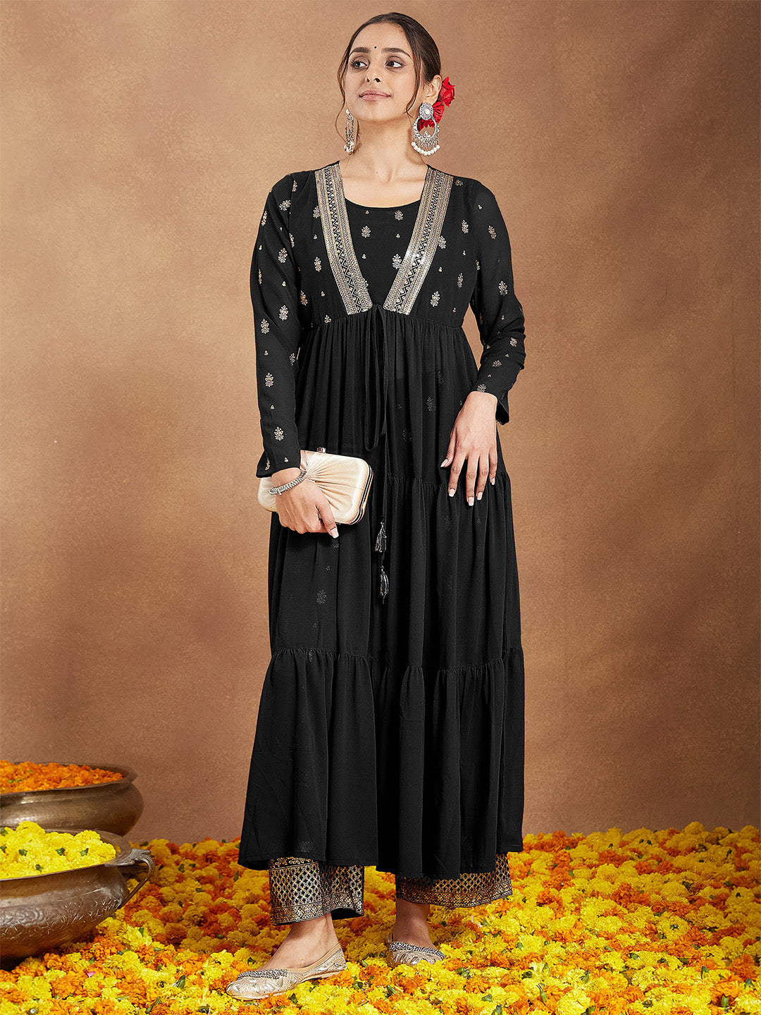 Janasya Women's Black Georgette Embellished Foil Printed Front-open Tiered Kurta Pant Set