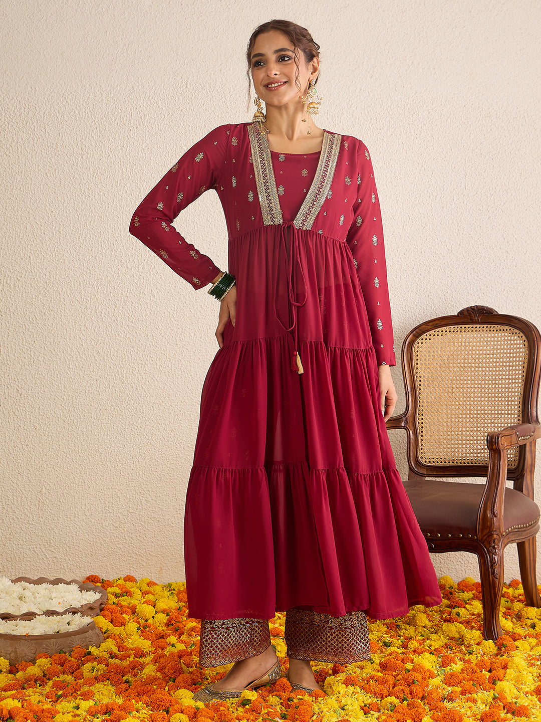 Janasya Women's Maroon Georgette Embellished Foil Printed Front-Open Tiered Kurta with Pant Set