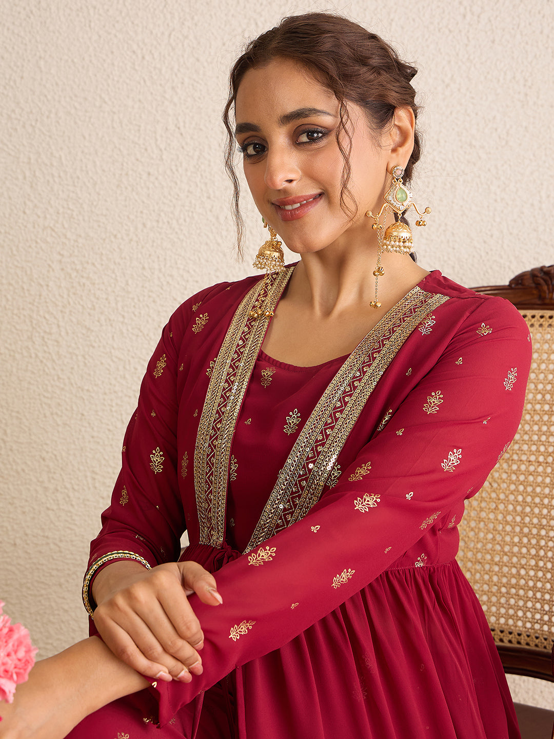 Janasya Women's Maroon Georgette Embellished Foil Printed Front-Open Tiered Kurta with Pant Set