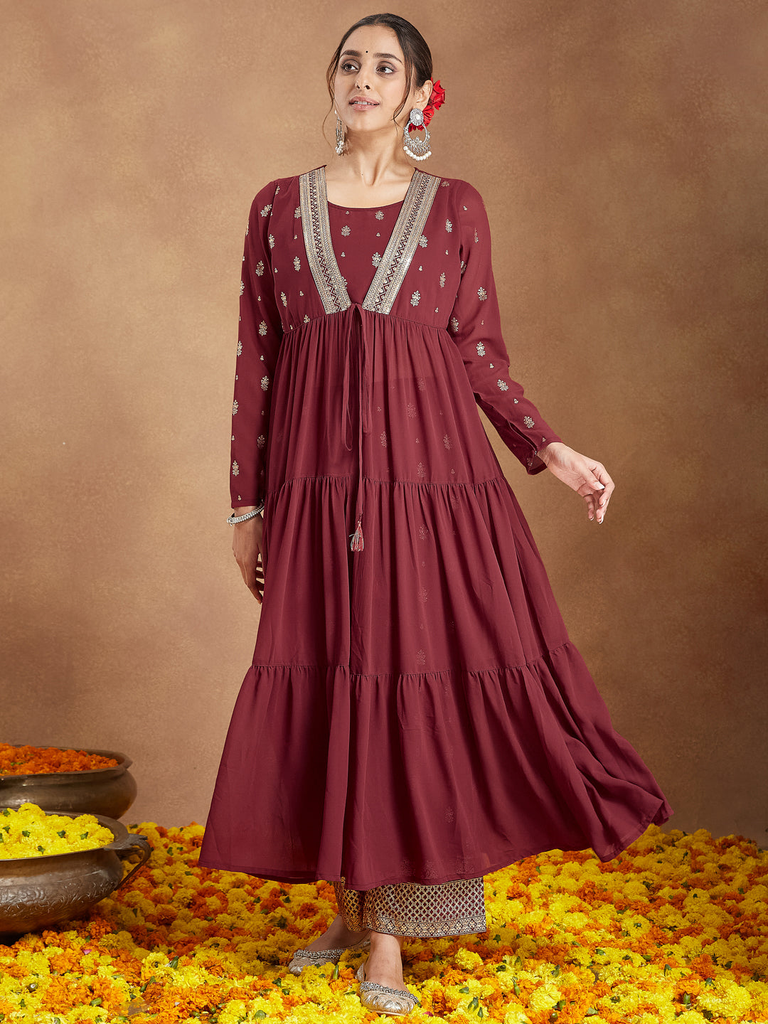 Janasya Women's Maroon Georgette Embellished Foil Printed Front-open Tiered Kurta Pant Set