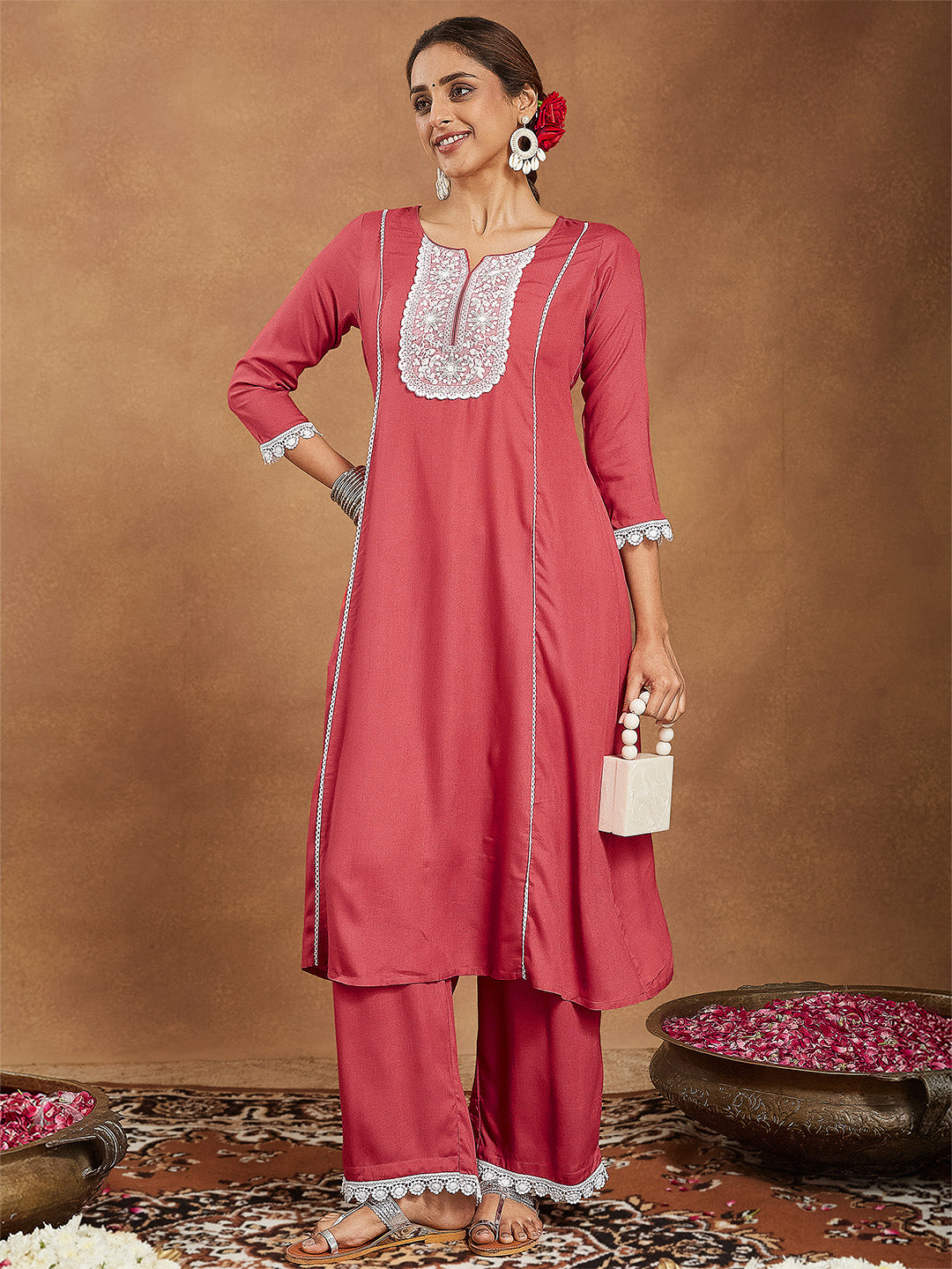 Janasya Women's Rust Rayon Yoke Embroidered A-line Kurta With Palazzo Set